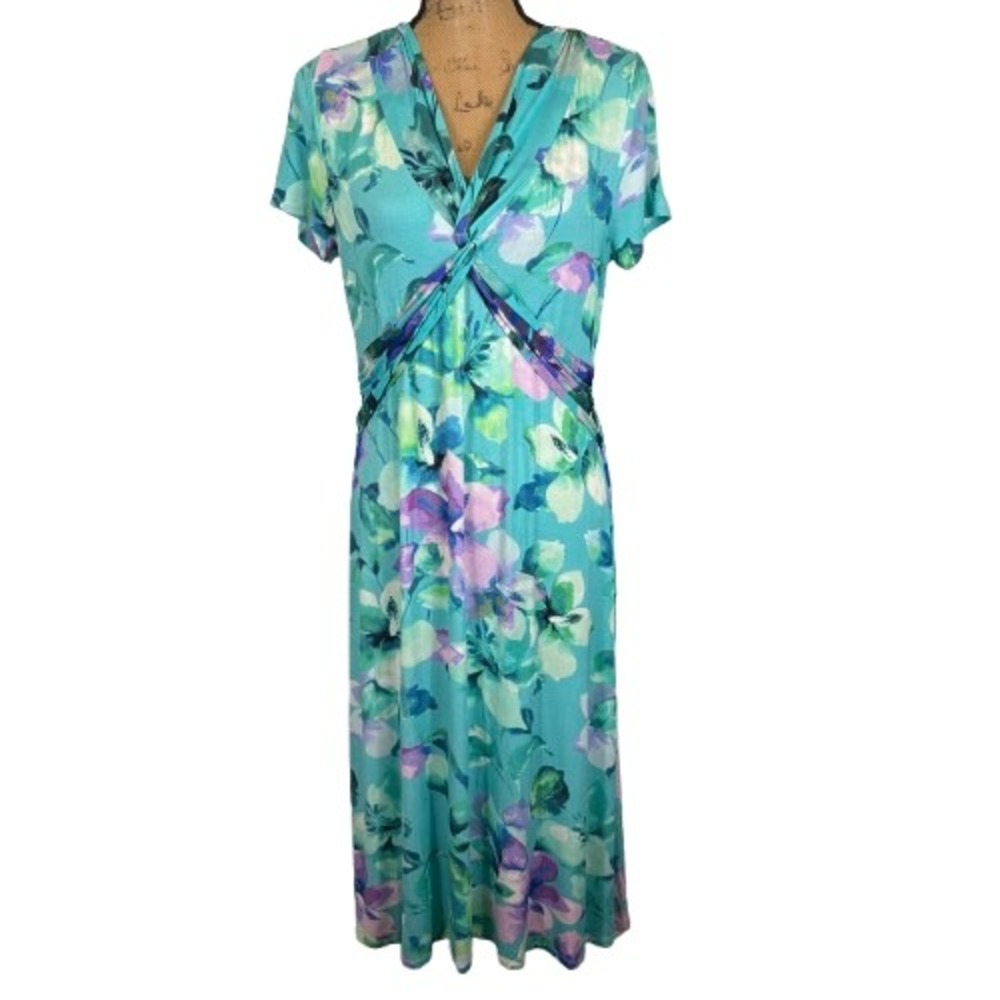 Soft Surroundings Savor Twist Front Floral Midi Dress Teal Blue Petite Medium
